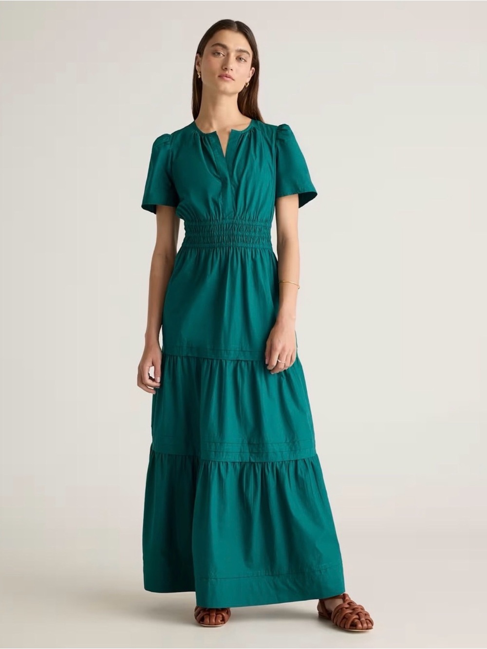 QUINCE Womens 100% Organic Cotton Teal Smocked Waist Tiered Maxi Dress LARGE